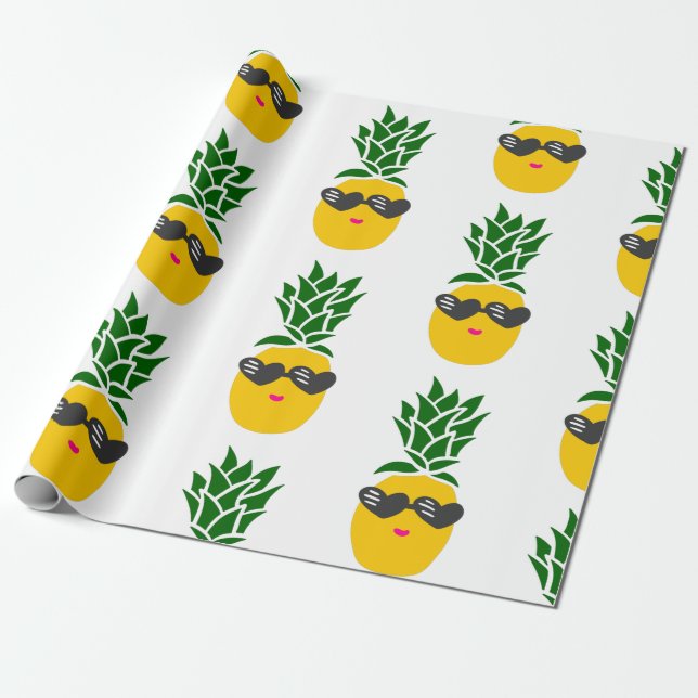 kawaii heart shaped sunglasses pineapple black wrapping paper (Unrolled)