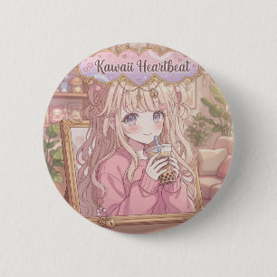 Kawaii Heartbeat Anime Girl Boba Tea Aesthetic But 6 Cm Round Badge