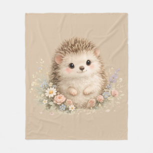 Kawaii Hedgehog Cottagecore Floral Gift Fleece Blanket