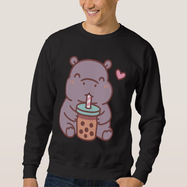 Kawaii Hippo Drinking Boba Bubble Tea Sweatshirt (Front)