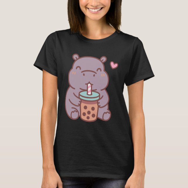 Kawaii Hippo Drinking Boba Bubble Tea T-Shirt (Front)