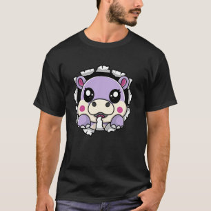 Kawaii Hippo Peeking Through Hole Cute Hippopotamu T-Shirt