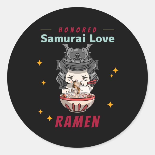 Kawaii Honored Samurai Cat Eat Ramen Classic Round Sticker (Front)