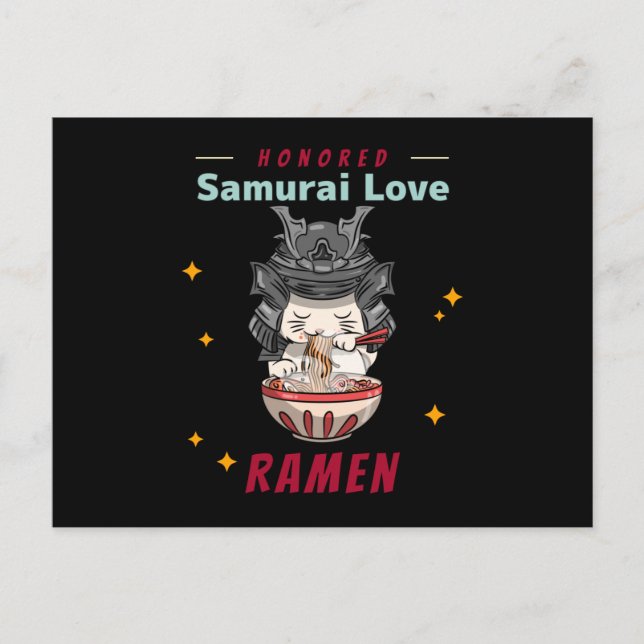 Kawaii Honored Samurai Cat Eat Ramen Postcard (Front)