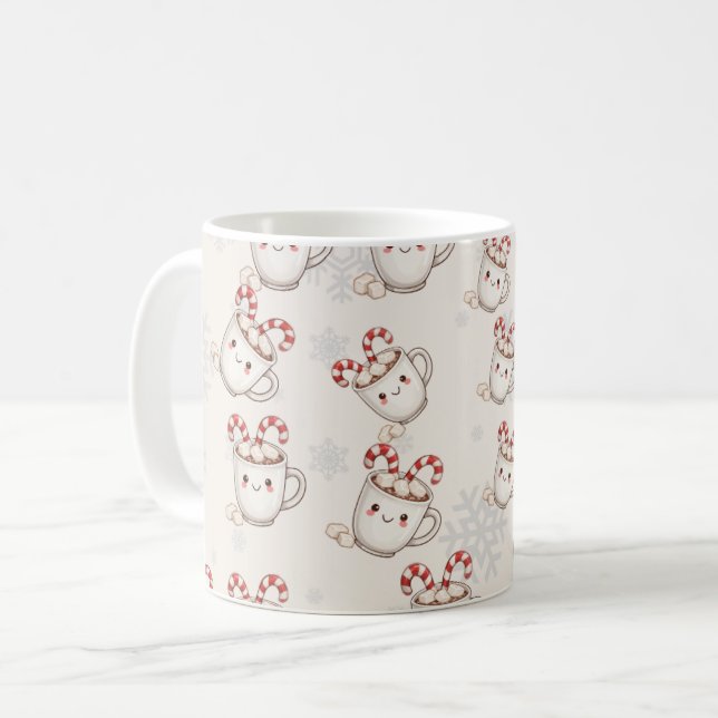Kawaii Hot Cocoa Seamless Pattern – Cute Christmas Coffee Mug (Front Left)