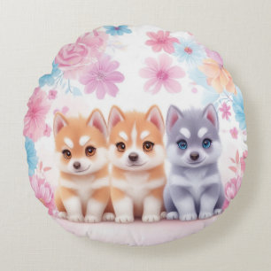 Kawaii Husky Puppies: Pastel Pals Throw Pillow