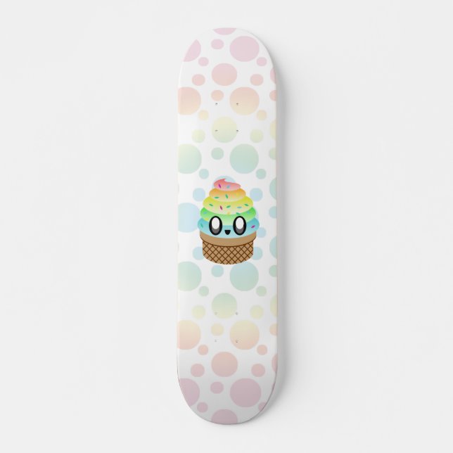Kawaii Ice Cream Cone Rainbow Dots. Skateboard (Front)
