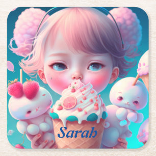 Kawaii ice cream girl square paper coaster