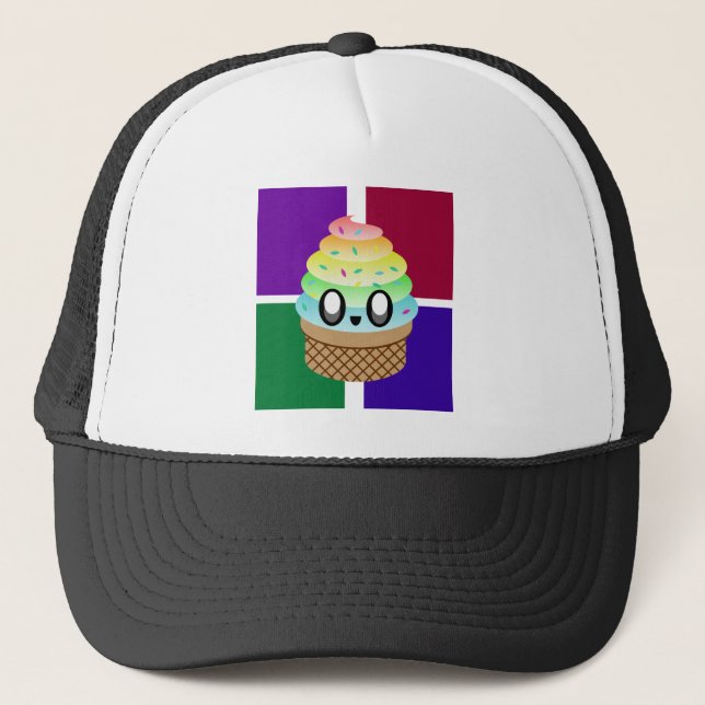 KAWAII ICE CREAM RAINBOW CONE COLOUR SQUARES TRUCKER HAT (Front)