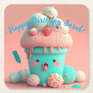 Kawaii ice cream square paper coaster