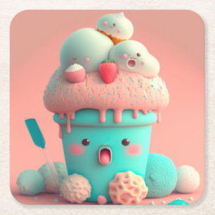 Kawaii ice cream square paper coaster