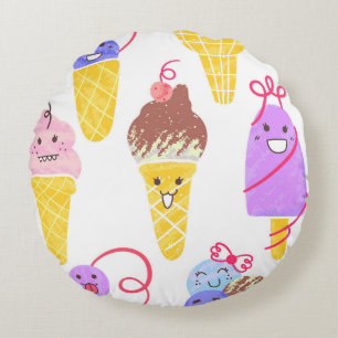 Kawaii ice creams, cute, seamless pattern. round cushion