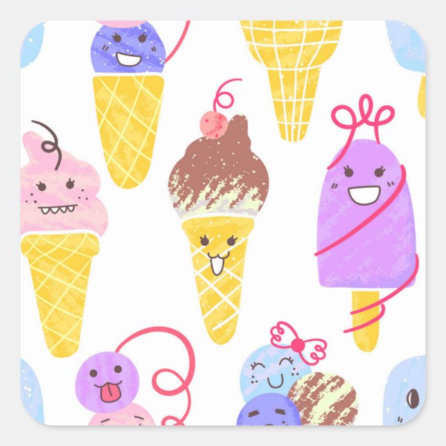 Kawaii ice creams, cute, seamless pattern. square sticker (Front)
