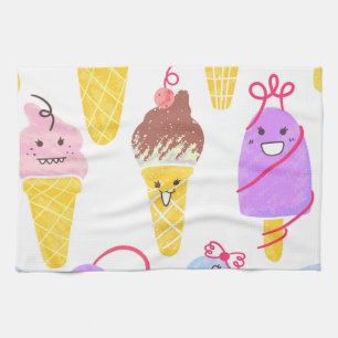 Kawaii ice creams, cute, seamless pattern. tea towel