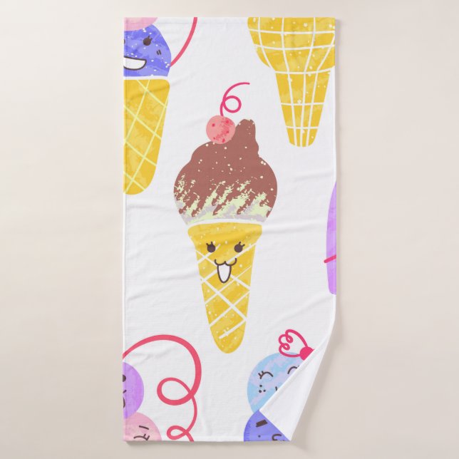 Kawaii Ice Creams Pattern, Kawaii Character Ice Cr Bath Towel (Bath Towel)