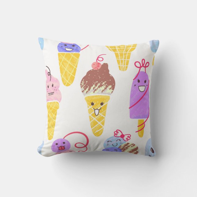 Kawaii Ice Creams Pattern, Kawaii Character Ice Cr Cushion (Front)
