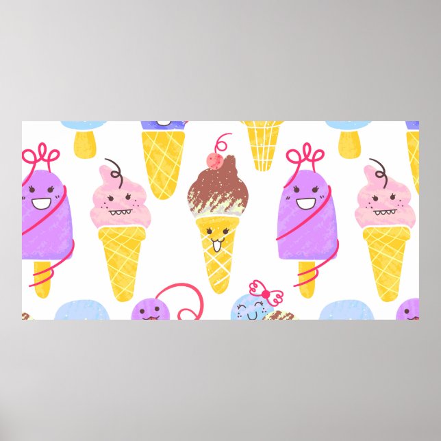 Kawaii Ice Creams Pattern, Kawaii Character Ice Cr Poster (Front)