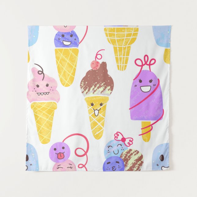 Kawaii Ice Creams Pattern, Kawaii Character Ice Cr Tapestry (Front)