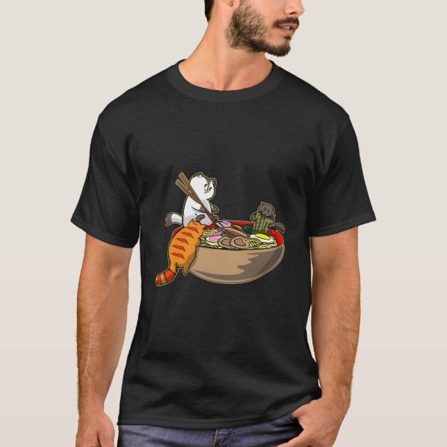 Kawaii Japanese Anime Cats Eating Ra Noodle T-Shirt (Front)