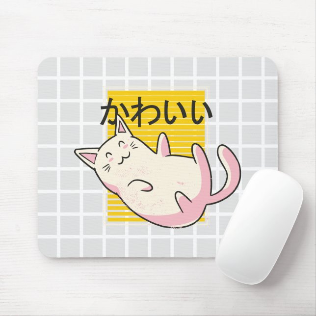 Kawaii Japanese Cat Grid Mouse Pad (With Mouse)