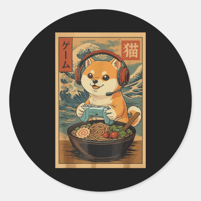 Kawaii Japanese Ramen Dog Retro Gaming Shirts For  Classic Round Sticker (Front)