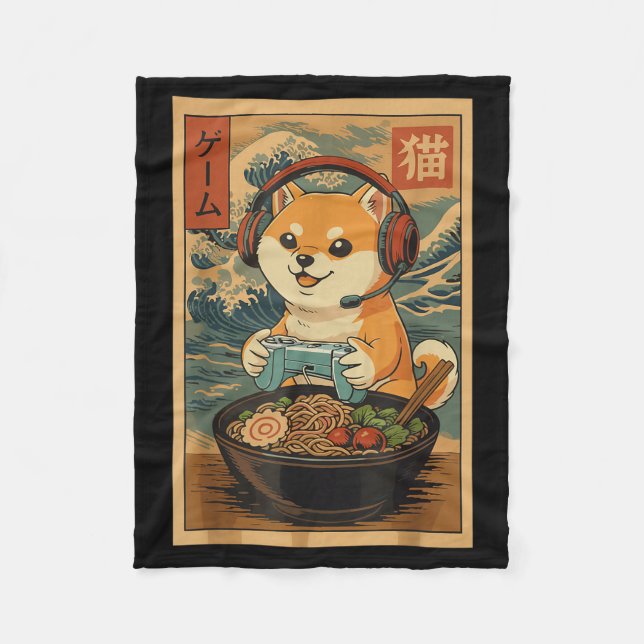 Kawaii Japanese Ramen Dog Retro Gaming Shirts For  Fleece Blanket (Front)