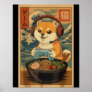 Kawaii Japanese Ramen Dog Retro Gaming Shirts For Poster