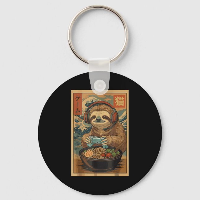 Kawaii Japanese Ramen Sloth Retro Gaming Shirts Fo Key Ring (Front)