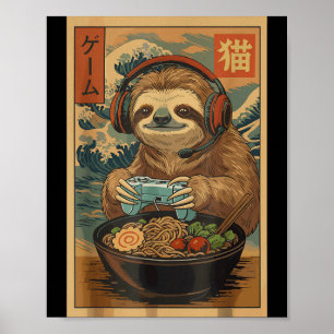 Kawaii Japanese Ramen Sloth Retro Gaming Shirts Fo Poster