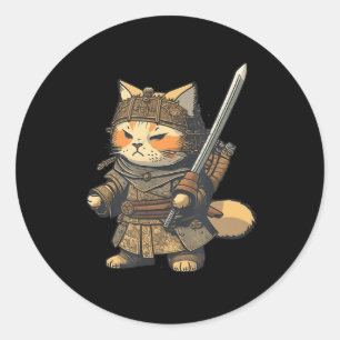 Kawaii Japanese Style Samurai Cat Anime Classic Round Sticker