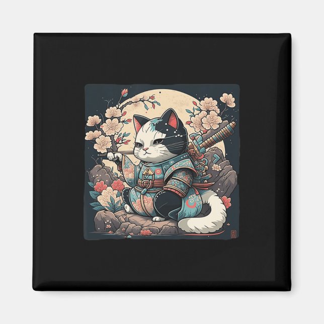 Kawaii Japanese Style Samurai Cat Kitten Anime  Magnet (Front)
