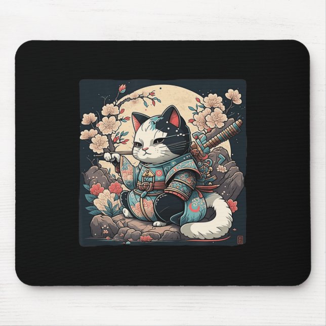 Kawaii Japanese Style Samurai Cat Kitten Anime  Mouse Pad (Front)