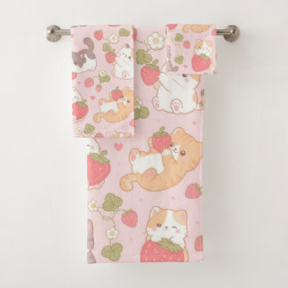Kawaii Kittens and Sweet Strawberry Pattern Bath Towel Set