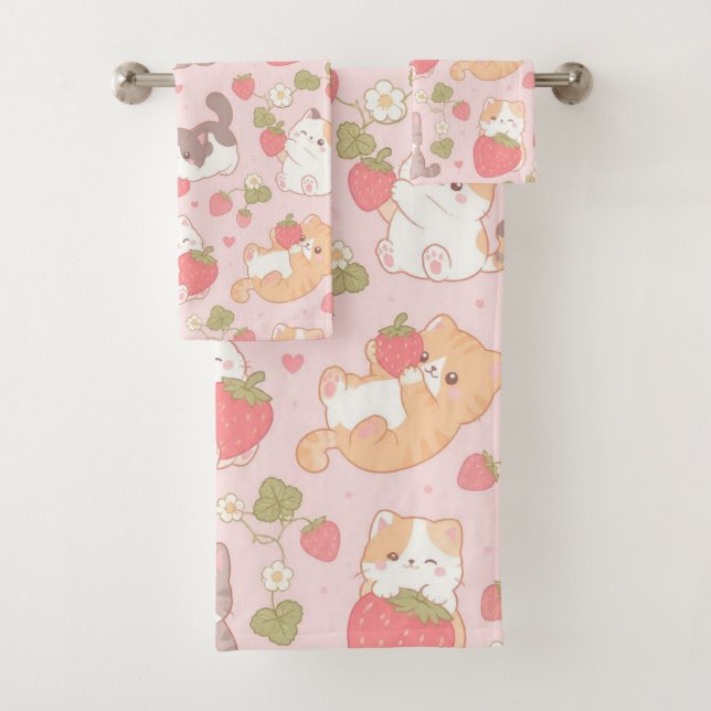 Kawaii Kittens and Sweet Strawberry Pattern Bath Towel Set (Insitu)