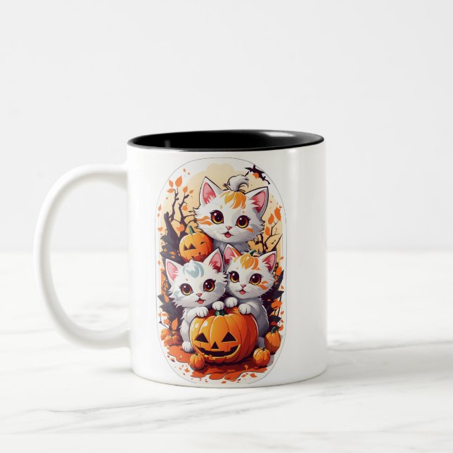 Kawaii Kittens playing with a small pumpkin Two-Tone Coffee Mug (Left)
