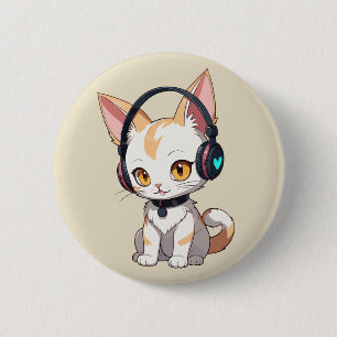 Kawaii Kitty in Rocking Headphones 6 Cm Round Badge