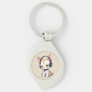 Kawaii Kitty in Rocking Headphones Key Ring