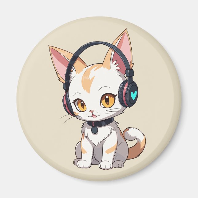 Kawaii Kitty in Rocking Headphones Magnet (Front)