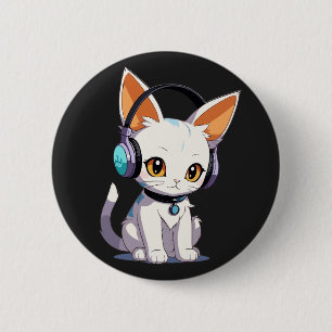Kawaii Kitty in Stylish Headphones 6 Cm Round Badge