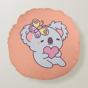 Kawaii Koala with Heart and Butterfly Round Cushion