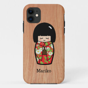 Kawaii Kokeshi Japanese Doll in Red Kimono on Wood Case-Mate iPhone Case