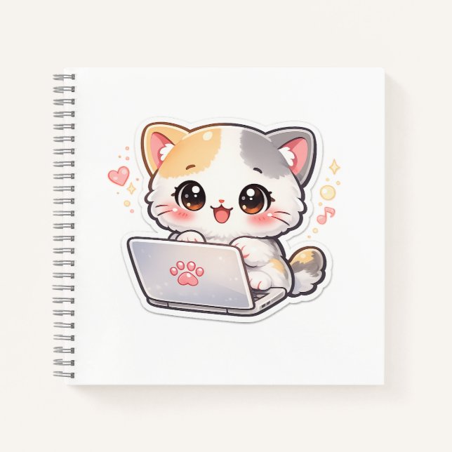 Kawaii Laptop Cat Notebook | Cute Chibi Kitty Jour (Front)