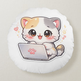 Kawaii Laptop Cat Round Pillow | Cute Chibi Kitty 
