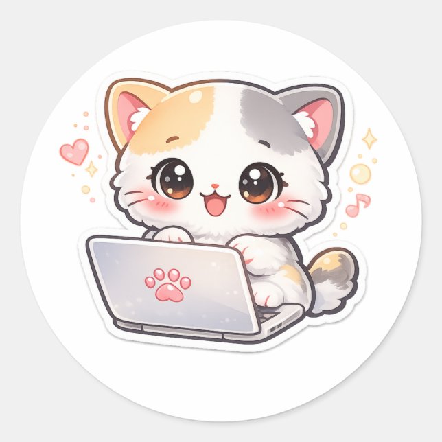 Kawaii Laptop Cat Sticker | Cute Chibi Kitty Worki (Front)