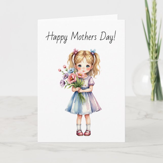 Kawaii Little Girl with Bouquet Watercolor Thank You Card (Front)