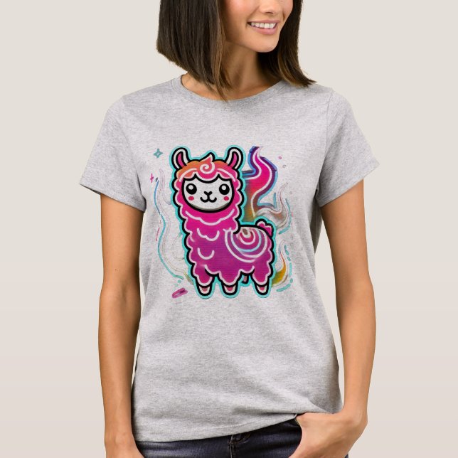 Kawaii Llama Delight: Flaming Fun T-Shirt (Front)
