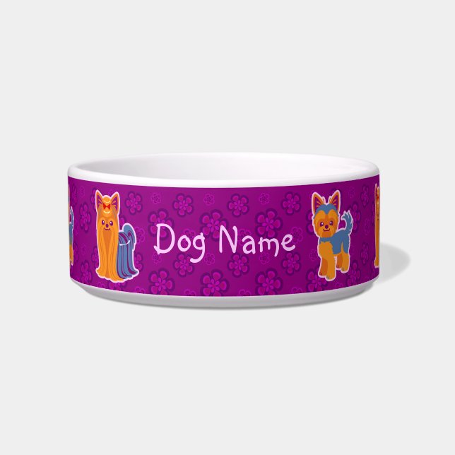 Kawaii Long and Short Hair Yorkie Cartoon Dogs Bowl (Front)