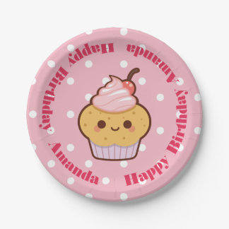 Kawaii Lovely Cupcake Birthday CUSTOM NAME Paper Plate