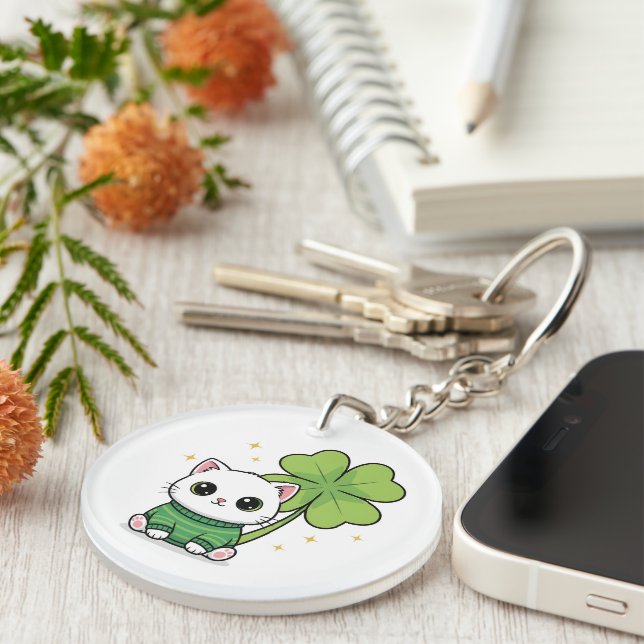 Kawaii Lucky Cat Keychain - St Patrick's Day Charm (Front Right)