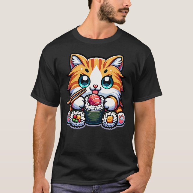 Kawaii Mainecoon Cat Eating Sushi Japanese Food Ki T-Shirt (Front)